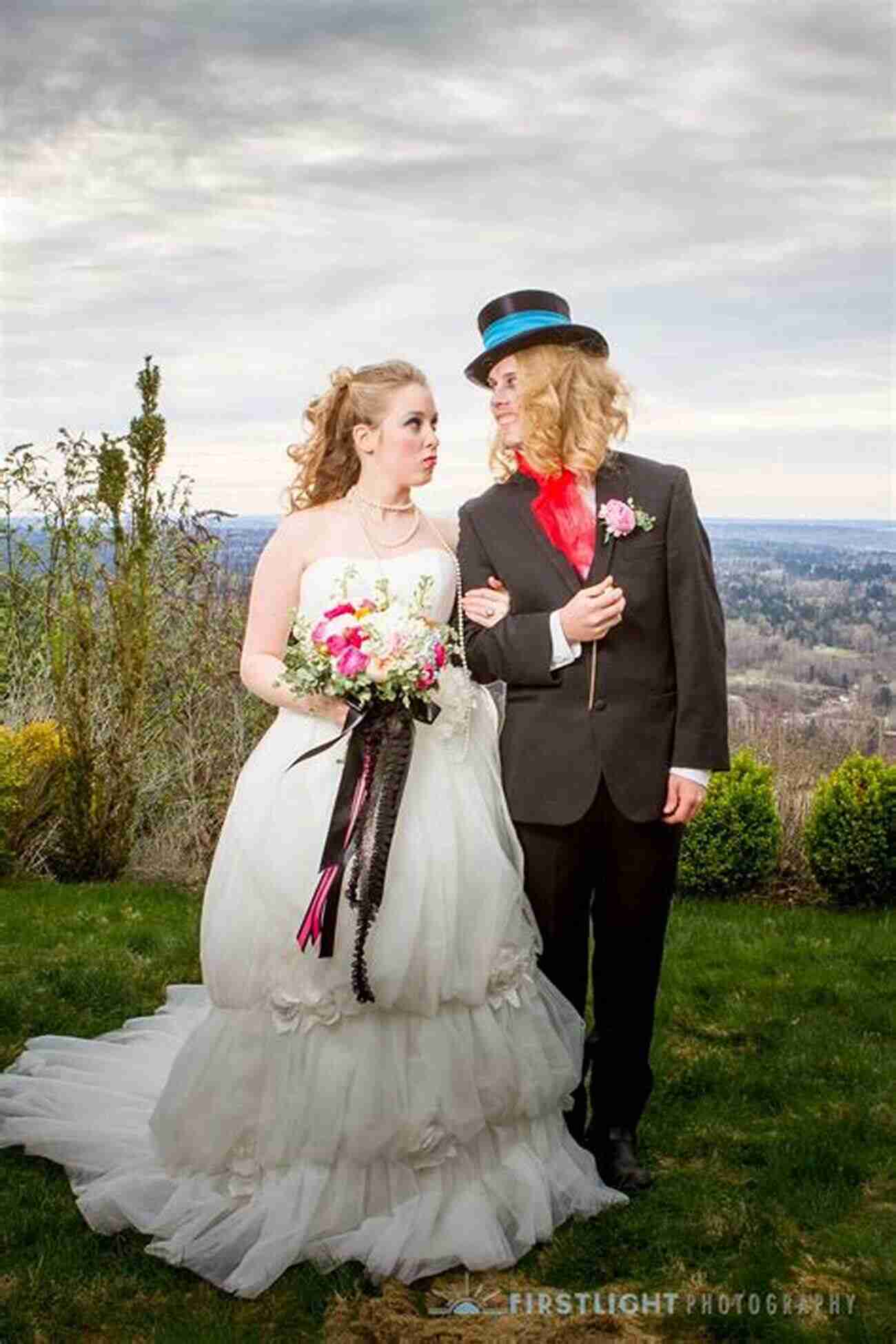 The Bride In Her Alice Inspired Wedding Gown And The Groom As The Mad Hatter A Maui Wedding Alice In Wonderland