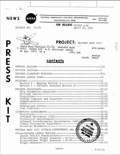 Mariner Mars 1971: Press Kit (April 30 1971)